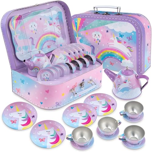 Jewelkeeper - Zinn Teeservice für Kinder und Tragetasche, Kindergeschirr Spielküche, 15-teilig - Zuckerwatte Einhorn Design von Jewelkeeper