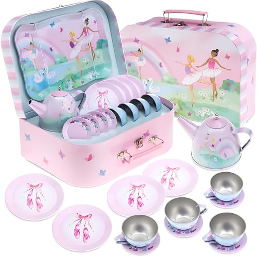 Jewelkeeper - Zinn Teeservice für Mädchen und Tragetasche, Kindergeschirr Spielküche, 15-teilig - Ballerina Design von Jewelkeeper