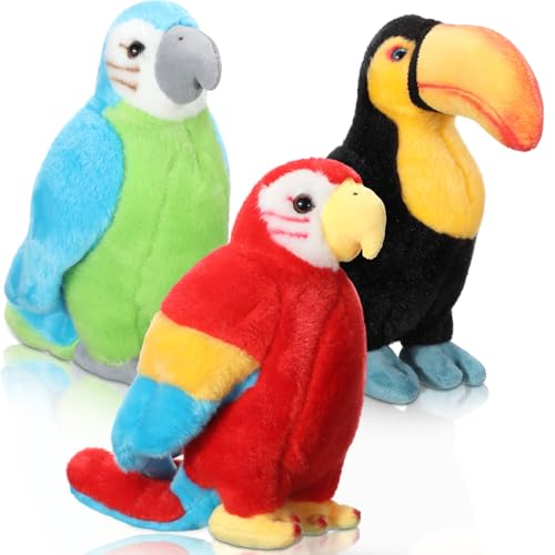 Jexine 3 Stück 24,8 cm Aras Papagei Plüschtier, Tukan Papagei Stofftier Spielzeug Weiches Vogel Plüschtier Rot Blau Schwarz Gefüllte Papagei Plüschpuppe Geschenke für Kinder Weihnachten Geburtstag von Jexine