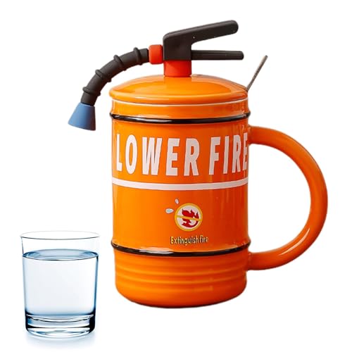 Feuerlöscher-Kaffeetasse – 480 ml heiße Kaffeetassen | Feuerlöscher Wasserbecher | Keramik-Teetasse | Lustiger Löffel und Deckel, 480 ml, toller Geschmack, Feuerwehrmann-Geburtstagsparty-Geschenke für von Jextou