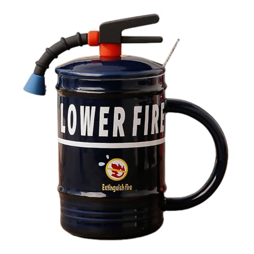 Feuerlöscher-Kaffeetasse – 480 ml heiße Kaffeetassen | Feuerlöscher Wasserbecher | Keramik-Teetasse | Lustiger Löffel und Deckel, 480 ml, toller Geschmack, Feuerwehrmann-Geburtstagsparty-Geschenke für von Jextou