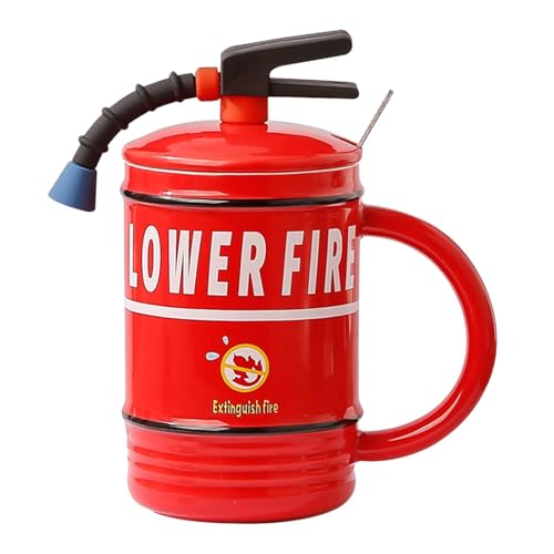 Feuerlöscher-Kaffeetasse – 480 ml heiße Kaffeetassen | Feuerlöscher Wasserbecher | Keramik-Teetasse | Lustiger Löffel und Deckel, 480 ml, toller Geschmack, Feuerwehrmann-Geburtstagsparty-Geschenke für von Jextou