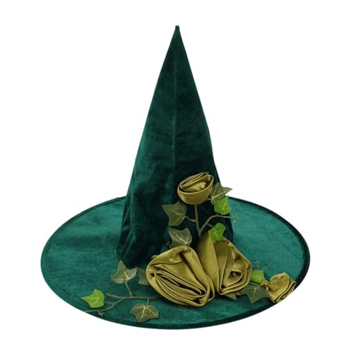 Jextou Grüner Hexenhut für Erwachsene, Hexenhut grün, Wizard Caps Kopfbedeckung Zubehör, Kostümzubehör, Hexenhut für Damen, Blumenranken-Zaubererkappen für Halloween-Kostüme von Jextou