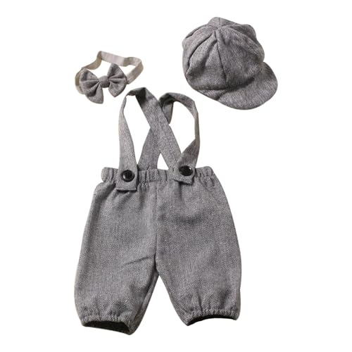 Jhaoyu 3Pcs Neugeborenes Baby Junge Fotografie Outfit Hosenträger Overall mit Casquette und Fliege Set Little Gentlman Anzug Foto Shooting Kostüm Grau 50-56 von Jhaoyu