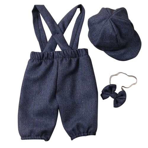 Jhaoyu 3Pcs Neugeborenes Baby Junge Fotografie Outfit Hosenträger Overall mit Casquette und Fliege Set Little Gentlman Anzug Foto Shooting Kostüm Navy blau 50-56 von Jhaoyu