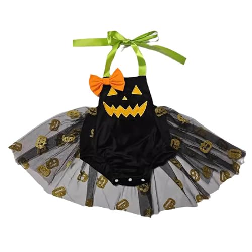 Jhaoyu Baby Mädchen Halloween Strampler Tutu Kleid Kürbis Bogen Spitze Röcke Kleinkind Halloween Outfits für 0-18 Monate Schwarz 50-56 von Jhaoyu