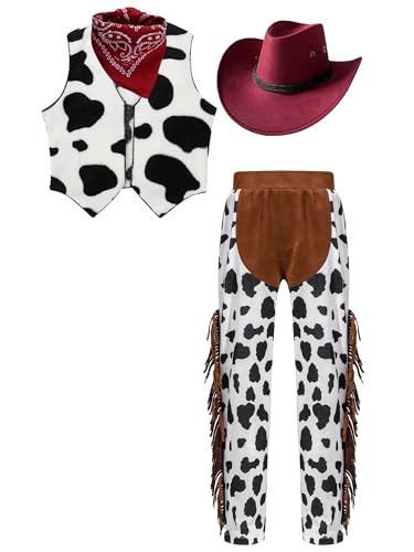 Jhaoyu Cowboy Kostüm Kinder 4 Stück Western Cowboy Set Kostüm mit Cowboy Hut + Weste + Halstuch + Hose für Karneval Cosplay Party Bühnenshows Burgundy 146-152 von Jhaoyu