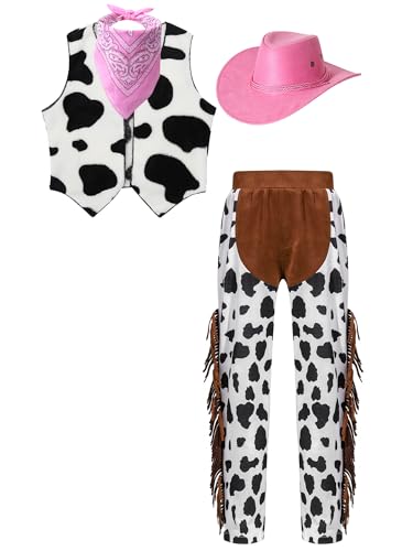 Jhaoyu Cowboy Kostüm Kinder 4 Stück Western Cowboy Set Kostüm mit Cowboy Hut + Weste + Halstuch + Hose für Karneval Cosplay Party Bühnenshows Rosa 170 von Jhaoyu