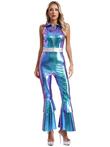 Jhaoyu Damen 60er 70er Jahre Hippie Kostüm Wetlook Jumpsuit Lange Schlaghose Metallic Ganzkörperanzug Halloween Tanz Kostüm Party Clubwear Blau 3XL von Jhaoyu