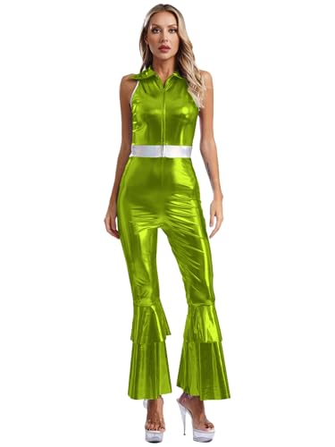 Jhaoyu Damen 60er 70er Jahre Hippie Kostüm Wetlook Jumpsuit Lange Schlaghose Metallic Ganzkörperanzug Halloween Tanz Kostüm Party Clubwear Grün 3XL von Jhaoyu