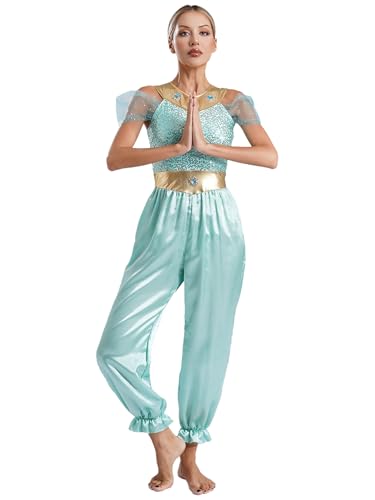 Jhaoyu Damen Bauchtanz Kostüm Arabische Tanzkleidung Aladin Prinzessin Pailletten Jumpsuit Weihnachten Fasching Performance Tanzanzug Minzgrün 4XL von Jhaoyu