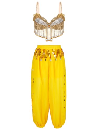 Jhaoyu Damen Bauchtanz Kostüm Sets Pailletten Bh Tanzen Top Laterne Hosen Orientalische Indische Bauchtänzerin Verkleidung Karneval Tänzer Outfit Gold Einheitsgröße von Jhaoyu