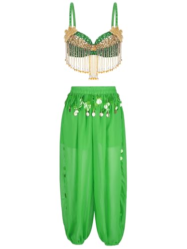 Jhaoyu Damen Bauchtanz Kostüm Sets Pailletten Bh Tanzen Top Laterne Hosen Orientalische Indische Bauchtänzerin Verkleidung Karneval Tänzer Outfit Grün Einheitsgröße von Jhaoyu