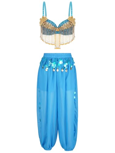 Jhaoyu Damen Bauchtanz Kostüm Sets Pailletten Bh Tanzen Top Laterne Hosen Orientalische Indische Bauchtänzerin Verkleidung Karneval Tänzer Outfit Hellblau Einheitsgröße von Jhaoyu