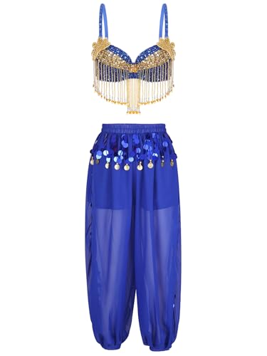 Jhaoyu Damen Bauchtanz Kostüm Sets Pailletten Bh Tanzen Top Laterne Hosen Orientalische Indische Bauchtänzerin Verkleidung Karneval Tänzer Outfit Königsblau Einheitsgröße von Jhaoyu