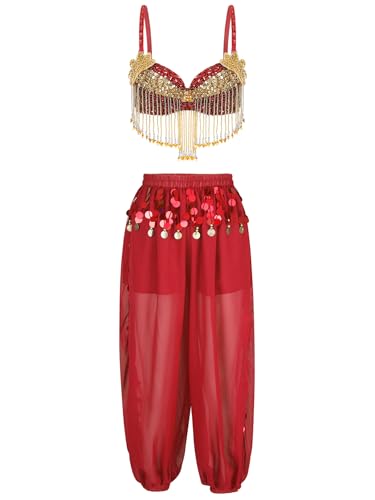 Jhaoyu Damen Bauchtanz Kostüm Sets Pailletten Bh Tanzen Top Laterne Hosen Orientalische Indische Bauchtänzerin Verkleidung Karneval Tänzer Outfit Rot Einheitsgröße von Jhaoyu