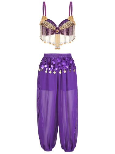 Jhaoyu Damen Bauchtanz Kostüm Sets Pailletten Bh Tanzen Top Laterne Hosen Orientalische Indische Bauchtänzerin Verkleidung Karneval Tänzer Outfit Violett Einheitsgröße von Jhaoyu