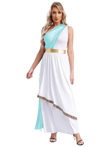 Jhaoyu Damen Griechisches Toga Kostüm Römische Göttin Kleid Ärmellos Patchwork Maxikleid Einschulter Königin Ägypten Fasching Karneval Kostüm Hellblau L von Jhaoyu