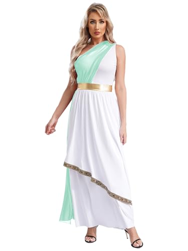 Jhaoyu Damen Griechisches Toga Kostüm Römische Göttin Kleid Ärmellos Patchwork Maxikleid Einschulter Königin Ägypten Fasching Karneval Kostüm Minzgrün L von Jhaoyu