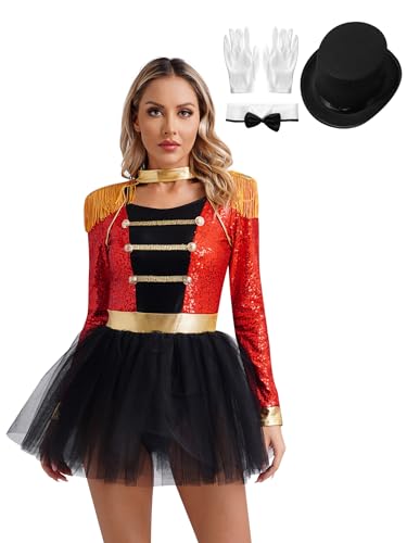 Jhaoyu Damen Kostüm Zirkusdirektorin Kleid für Damen Dompteurin Kleid mit Quasten Pailletten Minikleid für Karneval Party Verkleidung Faschingskostüm Rot D 3XL von Jhaoyu