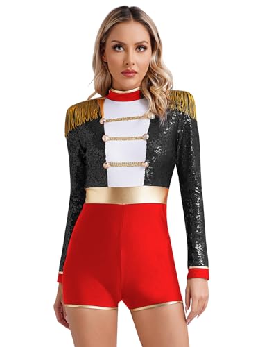 Jhaoyu Damen Kostüm Zirkusdirektorin Kleid für Damen Dompteurin Kleid mit Quasten Pailletten Minikleid für Karneval Party Verkleidung Faschingskostüm Schwarz B XL von Jhaoyu