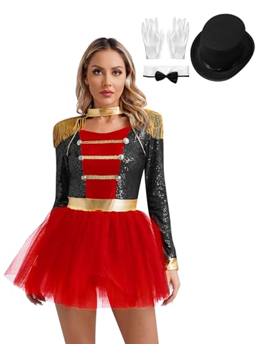 Jhaoyu Damen Kostüm Zirkusdirektorin Kleid für Damen Dompteurin Kleid mit Quasten Pailletten Minikleid für Karneval Party Verkleidung Faschingskostüm Schwarzer D M von Jhaoyu