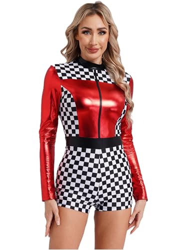 Jhaoyu Damen Rennfahrerin Jumpsuit Schachbrett Gedruckt Rennwagen Fahrer Rollenspiel Formel 1 Kostüm Halloween Kostüm Karneval Party Clubwear Rot L von Jhaoyu