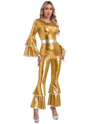 Jhaoyu Damen Vintage 70er Jahre Disco Metallisch Glänzend Jumpsuit Flare ärme Schlaghose Hippie Romper Einteilig Tanzkleidung Karneval Faschingsksotüm Gold M von Jhaoyu