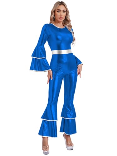 Jhaoyu Damen Vintage 70er Jahre Disco Metallisch Glänzend Jumpsuit Flare ärme Schlaghose Hippie Romper Einteilig Tanzkleidung Karneval Faschingsksotüm Königsblau 3XL von Jhaoyu