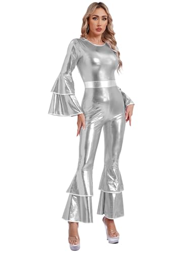 Jhaoyu Damen Vintage 70er Jahre Disco Metallisch Glänzend Jumpsuit Flare ärme Schlaghose Hippie Romper Einteilig Tanzkleidung Karneval Faschingsksotüm Silber XL von Jhaoyu