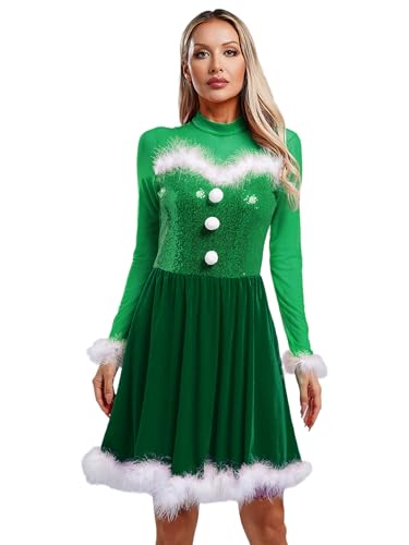 Jhaoyu Damen Weihnachten Party Kleider Weihnachtsfrau Kostüm Miss Santa Kostüm Langarm Samt A-Linie Midikleid Weihnachtskleider Grün 3XL von Jhaoyu