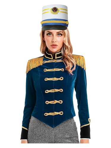 Jhaoyu Damen Zirkus Kostüm Set Samt Blazer Vintage Jäckchen mit Hut Ringmaster Cosplay Showman Kostüme Fasching Performance Outfit Dunkelblau A L von Jhaoyu