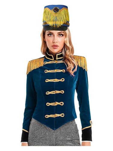 Jhaoyu Damen Zirkus Kostüm Set Samt Blazer Vintage Jäckchen mit Hut Ringmaster Cosplay Showman Kostüme Fasching Performance Outfit Dunkelblau B 3XL von Jhaoyu