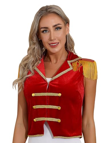 Jhaoyu Damen Zirkus Soldat Kostüm Anzugweste Ärmellos Samt Oberteil Tops Zirkusdirektorin Uniform Weste Party Cosplay Bühnenauftritte Rot 3XL von Jhaoyu