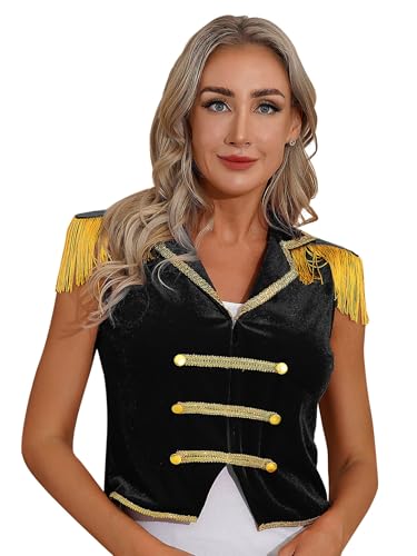 Jhaoyu Damen Zirkus Soldat Kostüm Anzugweste Ärmellos Samt Oberteil Tops Zirkusdirektorin Uniform Weste Party Cosplay Bühnenauftritte Schwarz 3XL von Jhaoyu