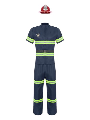 Jhaoyu Herren Feuerwehrmann Kostüm 4-teiliger Feuerwehrmann Dress Up mit Kunststoffhelm Kurzarm Jacke Hose und Gürtel Set Rollenspiel Spielzeug Navy blau L von Jhaoyu