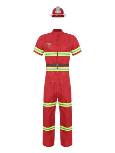 Jhaoyu Herren Feuerwehrmann Kostüm 4-teiliger Feuerwehrmann Dress Up mit Kunststoffhelm Kurzarm Jacke Hose und Gürtel Set Rollenspiel Spielzeug Rot M von Jhaoyu