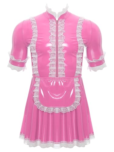 Jhaoyu Herren PVC Maid Kleid Outfits Sissy Maid hochglänzend Sklavenkleid mit Rüschen Dienstmädchen Cosplay Kostüme Faschingskostüme Clubwear Rosa 4XL von Jhaoyu