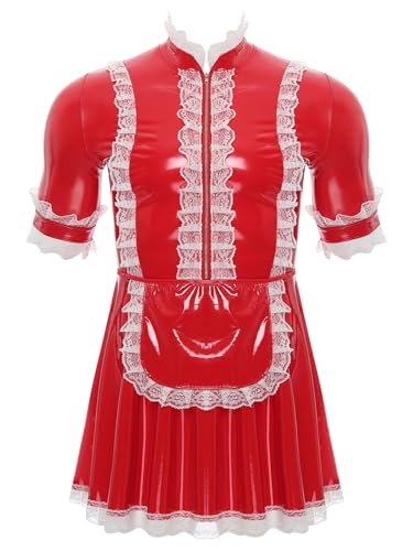 Jhaoyu Herren PVC Maid Kleid Outfits Sissy Maid hochglänzend Sklavenkleid mit Rüschen Dienstmädchen Cosplay Kostüme Faschingskostüme Clubwear Rot 4XL von Jhaoyu