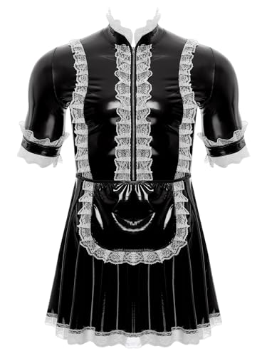 Jhaoyu Herren PVC Maid Kleid Outfits Sissy Maid hochglänzend Sklavenkleid mit Rüschen Dienstmädchen Cosplay Kostüme Faschingskostüme Clubwear Schwarz 4XL von Jhaoyu