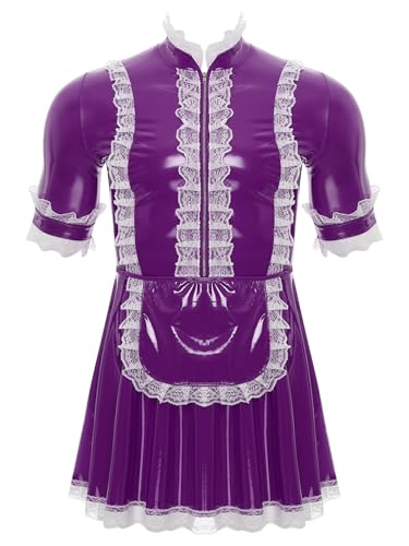 Jhaoyu Herren PVC Maid Kleid Outfits Sissy Maid hochglänzend Sklavenkleid mit Rüschen Dienstmädchen Cosplay Kostüme Faschingskostüme Clubwear Violett 3XL von Jhaoyu