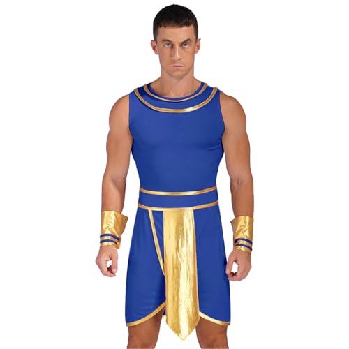 Jhaoyu Herren Römer Kostüm Griechischer Gott Kostüm Pharao Ägypter Kostüm Retro Römische Erwachsene Toga Kostüm Tunika mit Zubehör Blau 3XL von Jhaoyu