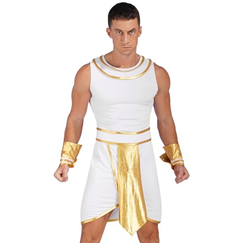 Jhaoyu Herren Römer Kostüm Griechischer Gott Kostüm Pharao Ägypter Kostüm Retro Römische Erwachsene Toga Kostüm Tunika mit Zubehör Weiß A 3XL von Jhaoyu