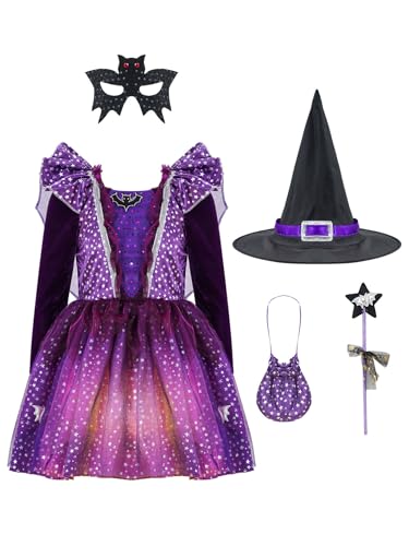 Jhaoyu Hexen Kostüm Kinder Mädchen Langärmeliges Hexen Kleid+Hexenhut+Zauberstab+Bonbontüte Fasching Karneval Halloween Kostüm Lila mit Lichtern 110-116 von Jhaoyu