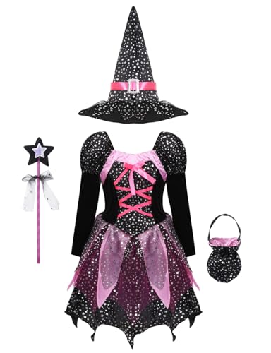 Jhaoyu Hexen Kostüm Kinder Mädchen Langärmeliges Hexen Kleid+Hexenhut+Zauberstab+Bonbontüte Fasching Karneval Halloween Kostüm Schwarz 116-122 von Jhaoyu