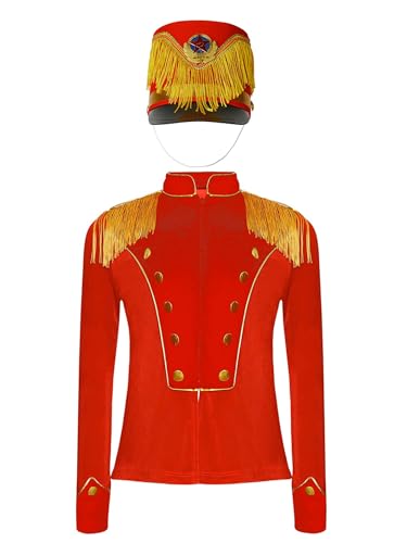 Jhaoyu Jungen Mädchen Zirkus Kostüm Langarm Samt Jacke mit Hut Set Zirkusdirektor Uniform Cosplay Halloween Karneval Fasching Verkleidung Rot C 110-116 von Jhaoyu