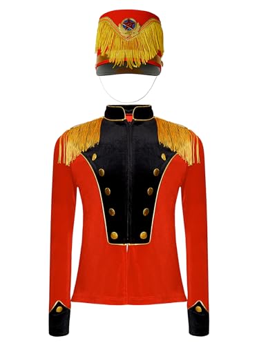 Jhaoyu Jungen Mädchen Zirkus Kostüm Langarm Samt Jacke mit Hut Set Zirkusdirektor Uniform Cosplay Halloween Karneval Fasching Verkleidung Rot Schwarz B 134-140 von Jhaoyu