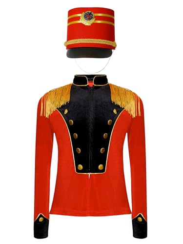 Jhaoyu Jungen Mädchen Zirkus Kostüm Langarm Samt Jacke mit Hut Set Zirkusdirektor Uniform Cosplay Halloween Karneval Fasching Verkleidung Rot Schwarz C 110-116 von Jhaoyu