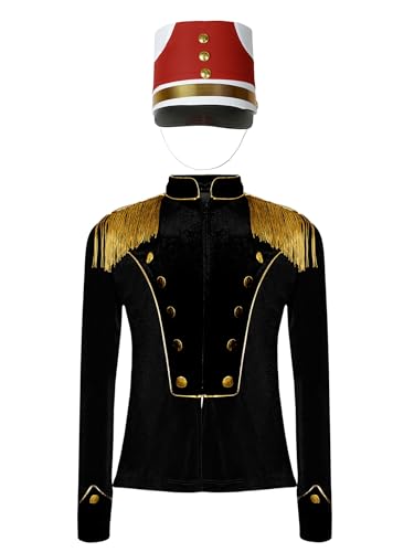 Jhaoyu Jungen Mädchen Zirkus Kostüm Langarm Samt Jacke mit Hut Set Zirkusdirektor Uniform Cosplay Halloween Karneval Fasching Verkleidung Schwarz 110-116 von Jhaoyu