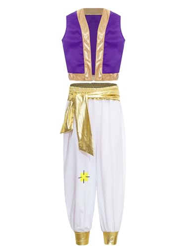 Jhaoyu Kinder Jungen Prinz Arabische Kostüm Mittelalter Weste Jacke + Aladinhose Kleidung Für Fasching Karneval Halloween Violett 134-140 von Jhaoyu